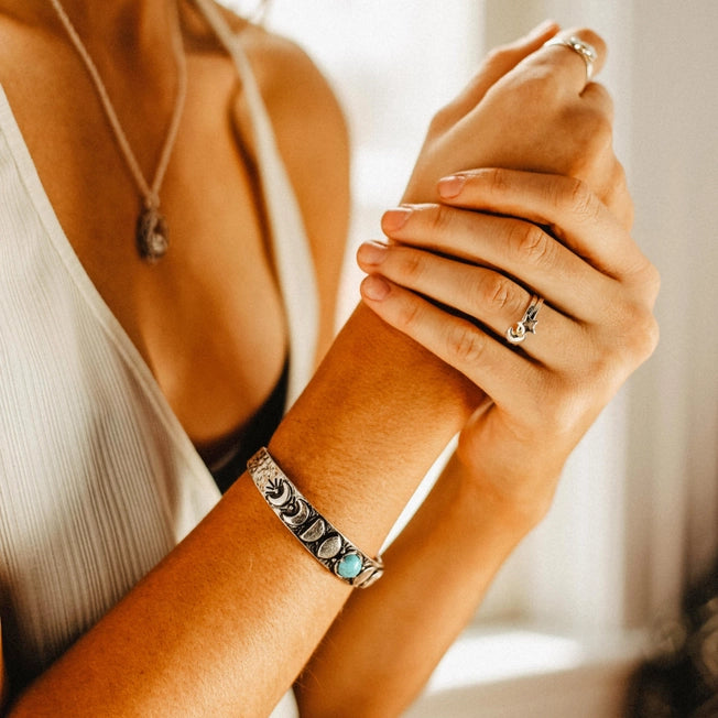 Hiouchi Moon Phases Cuff Bracelet | Turquoise | Gold + Silver