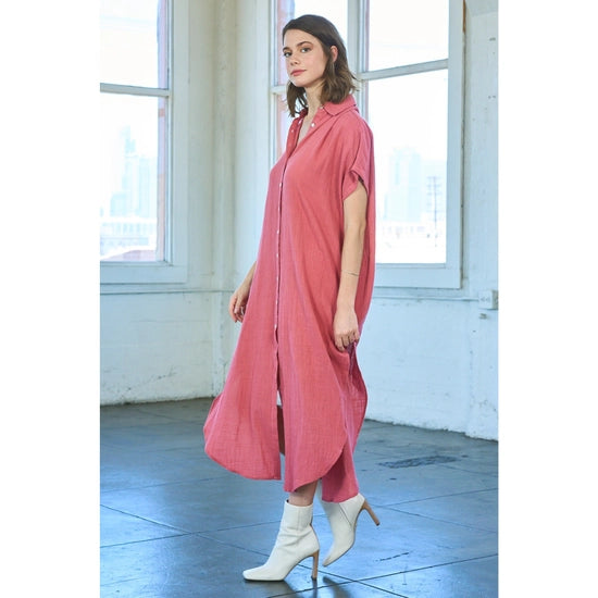 Maronie Cotton Midi Shirt Dress Coral