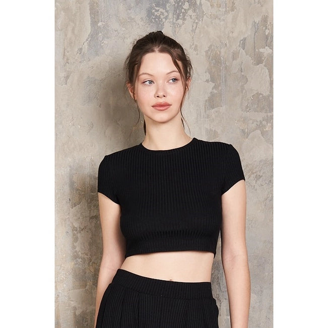 Maronie Rib Knit Crop Top + Pleated Pants Set | Black