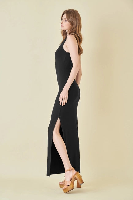 Fore Asymmetric Neck Drape Black Maxi Dress