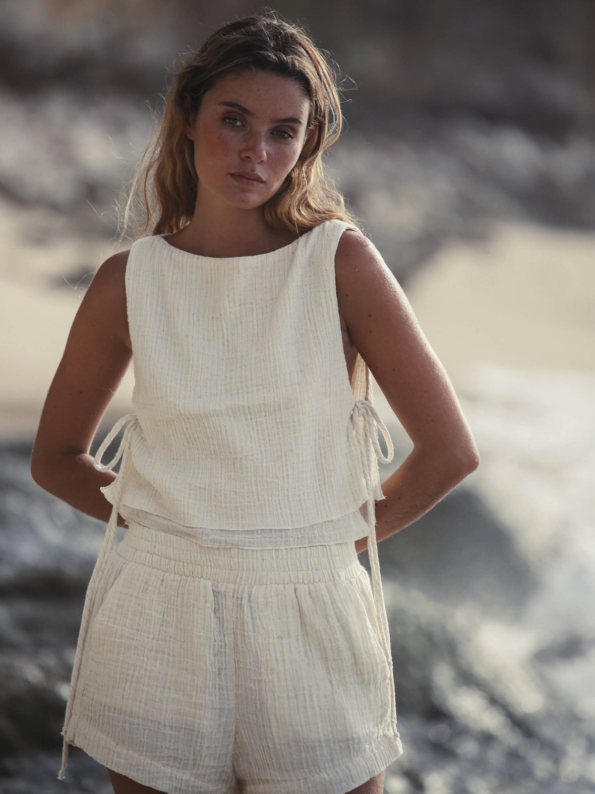 The Handloom Mia Side Ties Top - Gold Stripes