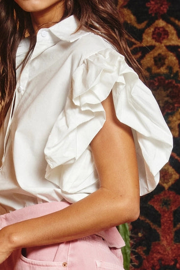 Bucketlist Ruffle Sleeve Button Down Blouse | Ivory