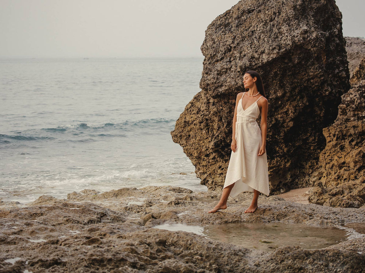 The Handloom Sage Maxi Dress - Natural With Gold Stripes