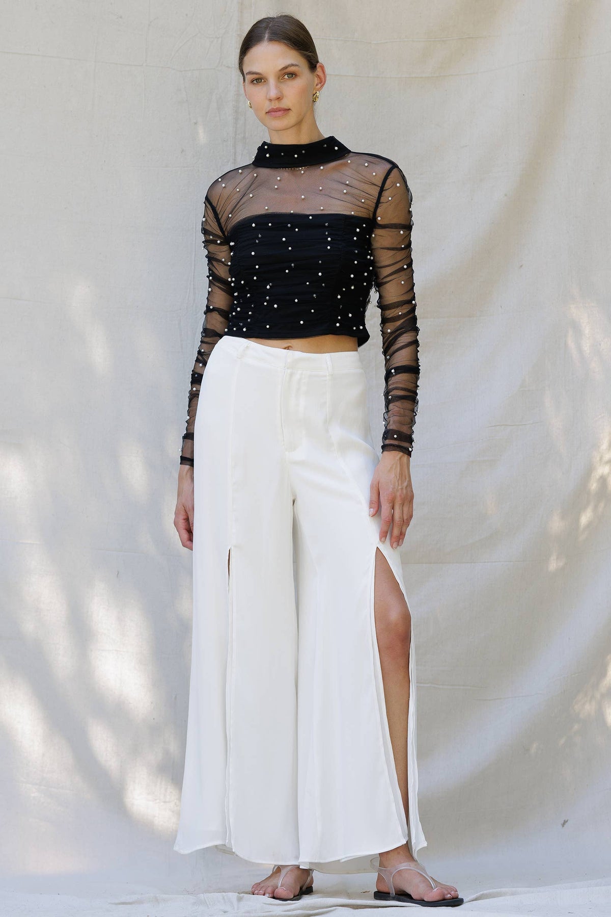 Endless Blu Sheer Pearl Embellished Mesh Top