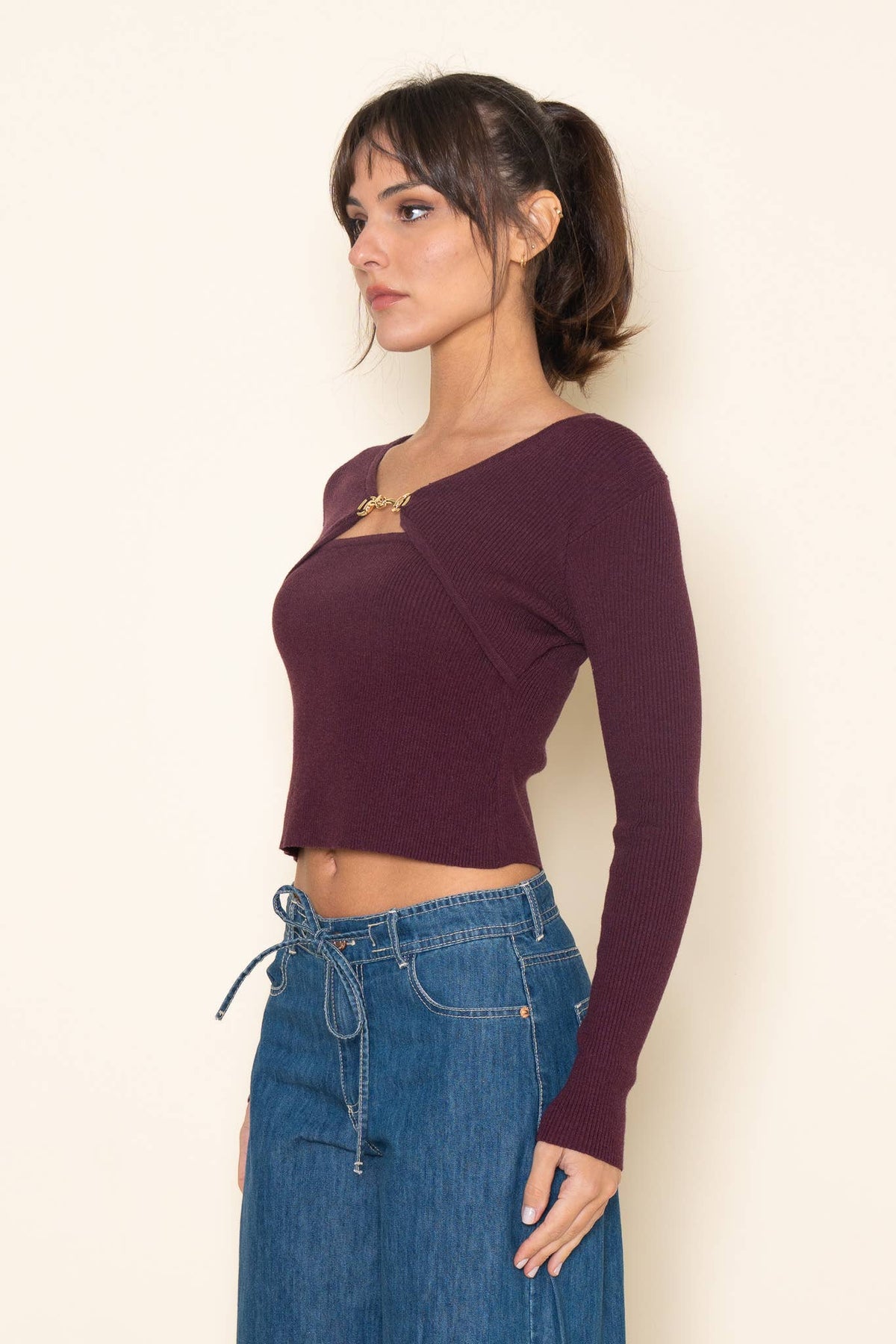 Fore Collection Buckle Detail Long Sleeve Knit Top