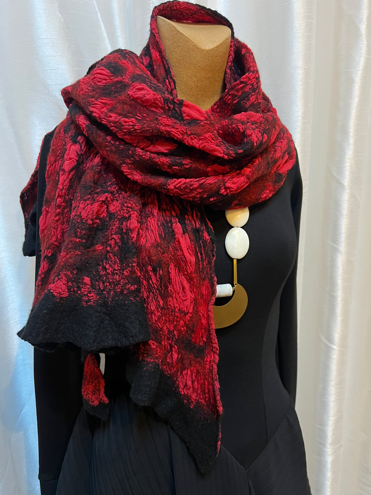 BlckBts Felted Red Merino Wool on Silk Shawl