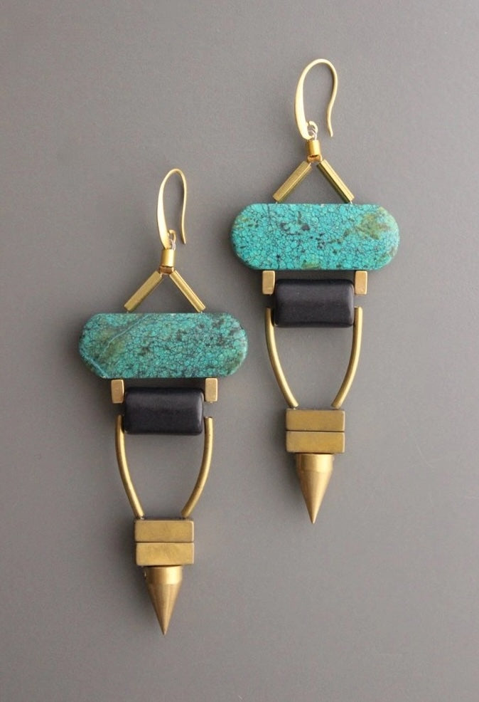 David Aubrey Green Turquoise and Black Stone Earrings