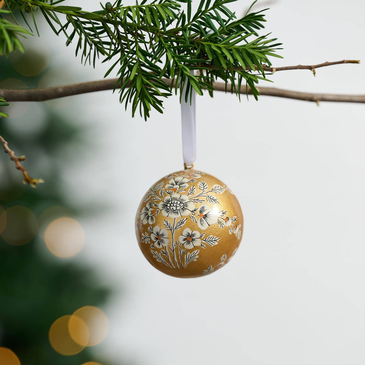 10 TV Painted Gold Florals Paper Mache Ball Ornament