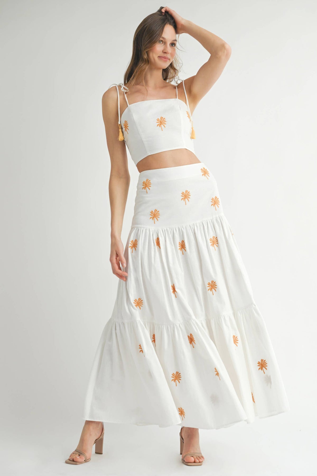 Endless Blu Palm Embroidered Tiered Maxi Skirt