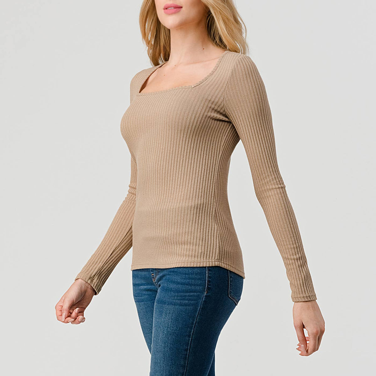 Heimious Square Neck Ribbed Knit Top