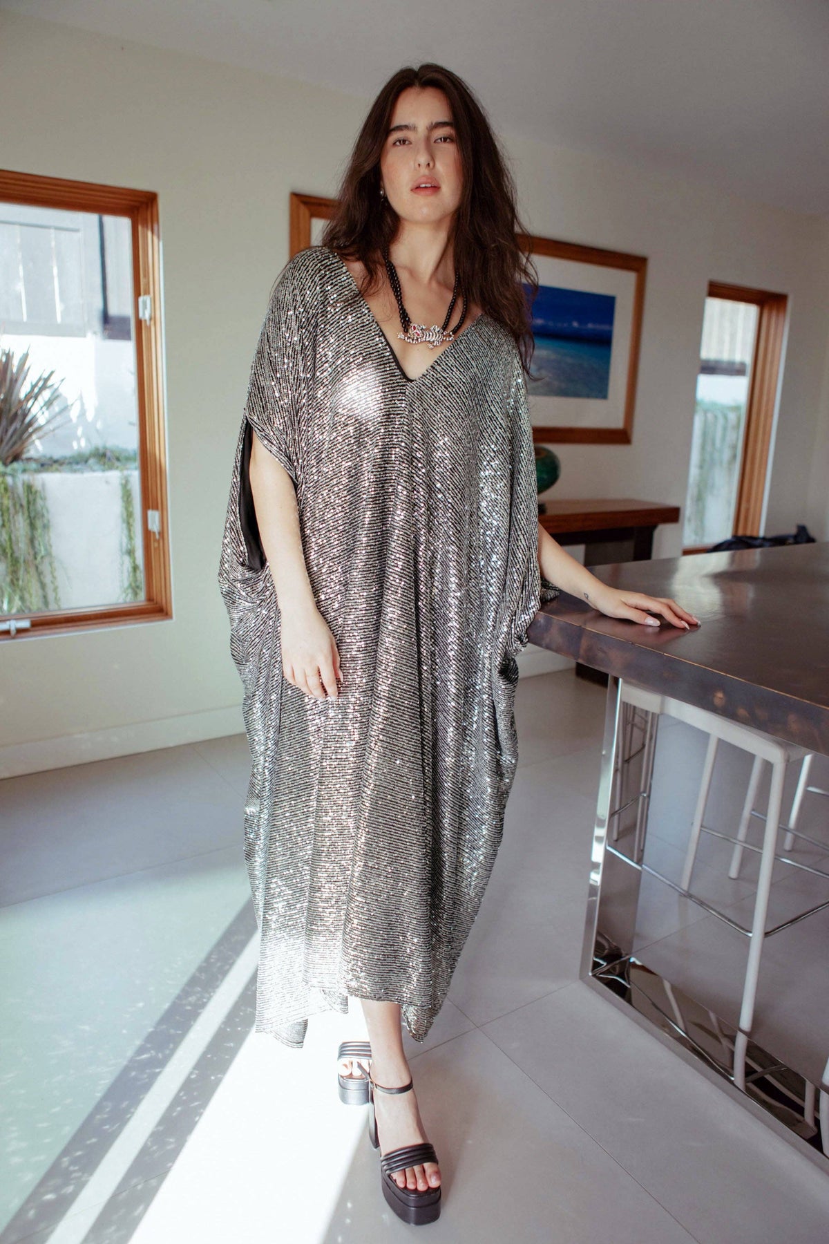 Jennafer Grace Gunmetal Sequin Kaftan Dress