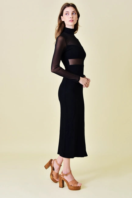 Fore Mesh Cut Out Mock Neck Black Midi Dress