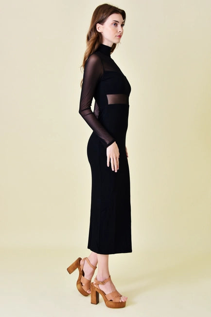 Fore Mesh Cut Out Mock Neck Black Midi Dress