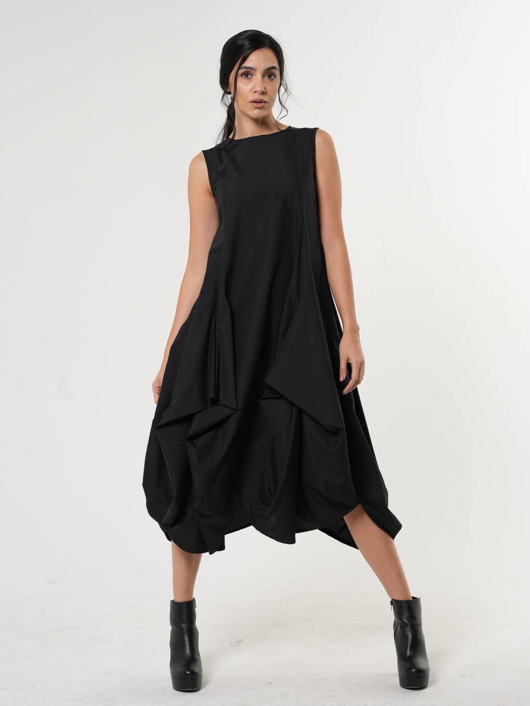 Metamorphoza Sleeveless Black Dress With Drapings