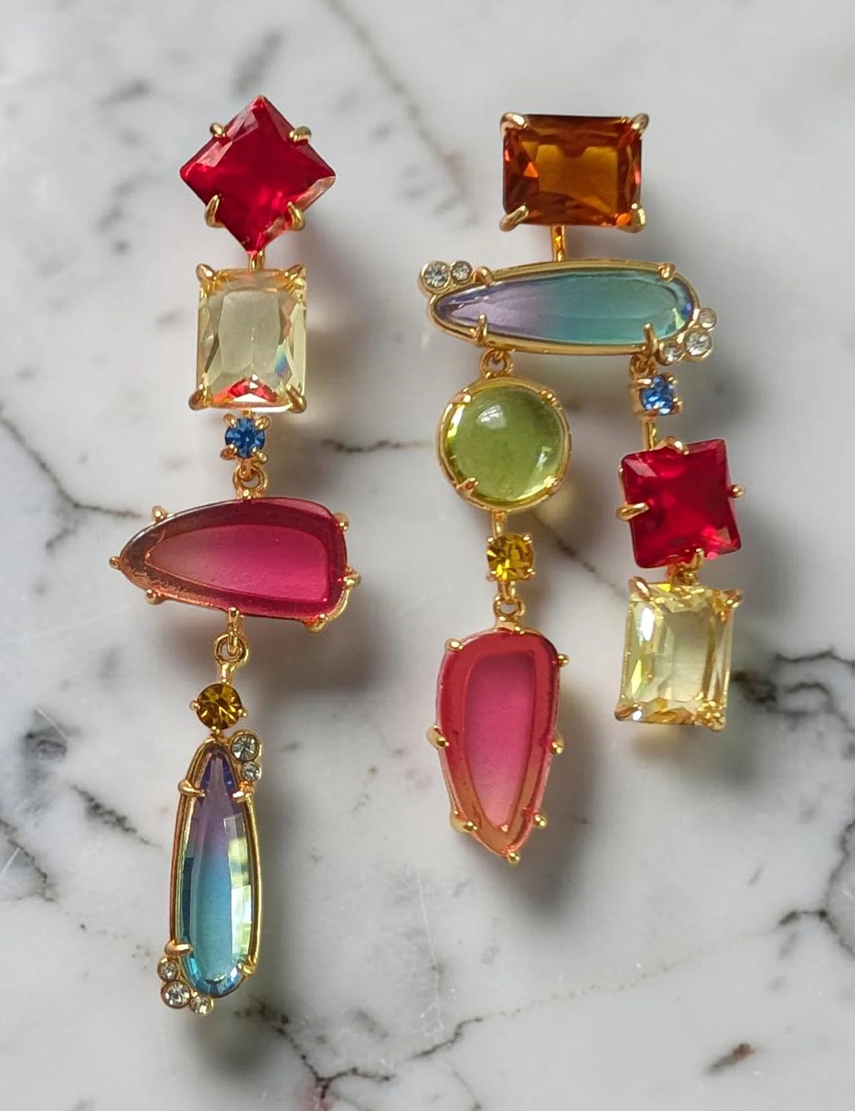 Nuance Asymmetric Jewel Drop Earrings | Multi Color (Red)