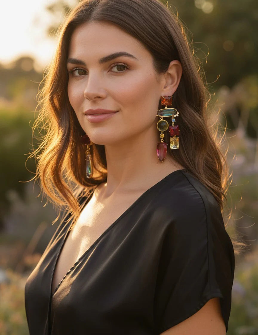 Nuance Asymmetric Jewel Drop Earrings | Multi Color (Red)