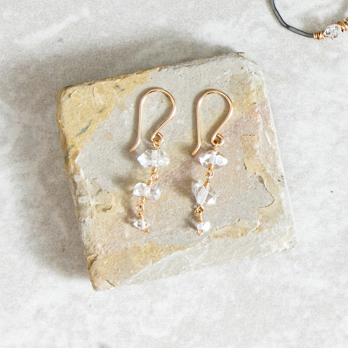 Vannucci Three Stone Herkimer Drop Earrings | Gold Filed