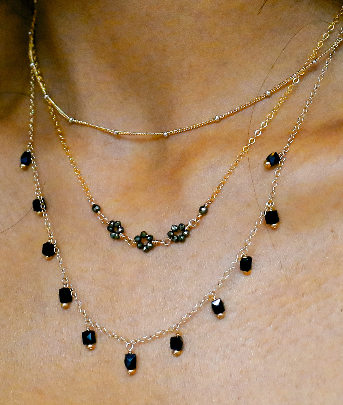 Susan Rifkin Faceted Black Spinel Multi Charm Necklace