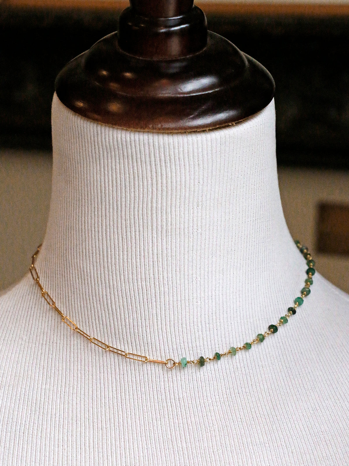 Susan Rifkin Beaded Emerald + Gold Paperclip Chain Necklace