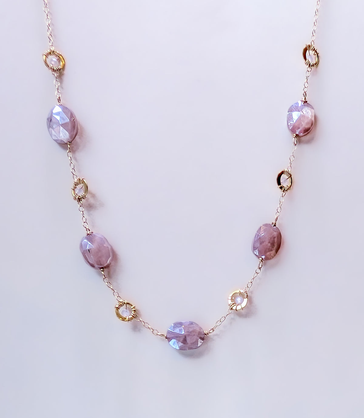 Susan Rifkin Wire Wrapped Peach Moonstone + Circle Bead Necklace | Gold Filled