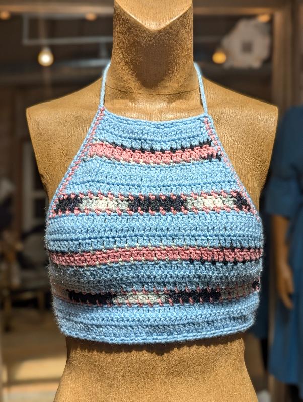 Erica Simmers Crochet Halter Crop Top |  Blue + Pink