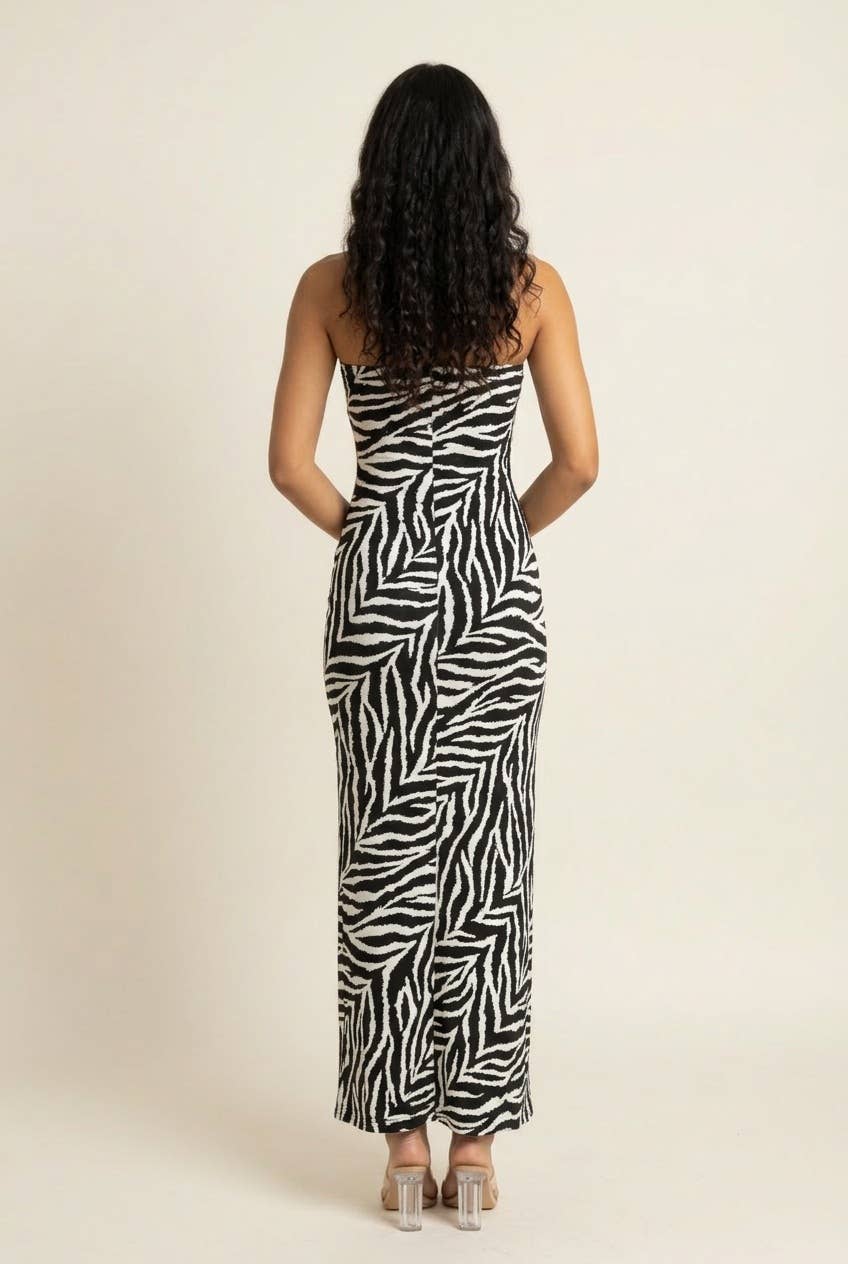 Fore Collection Strapless Zebra print Maxi Dess