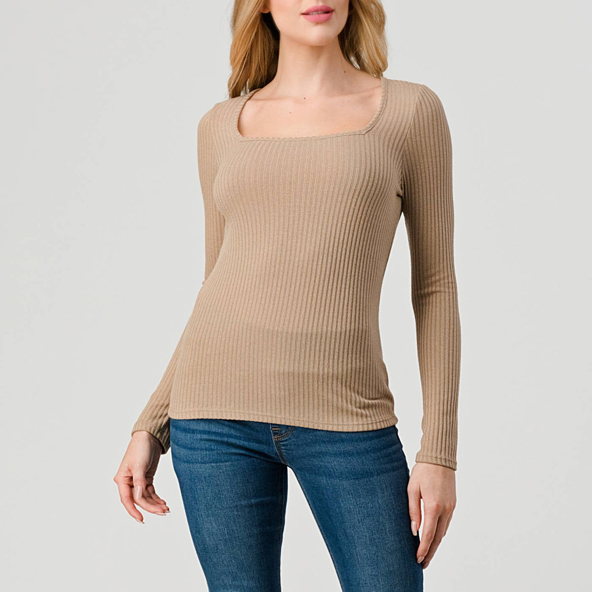 Heimious Square Neck Ribbed Knit Top