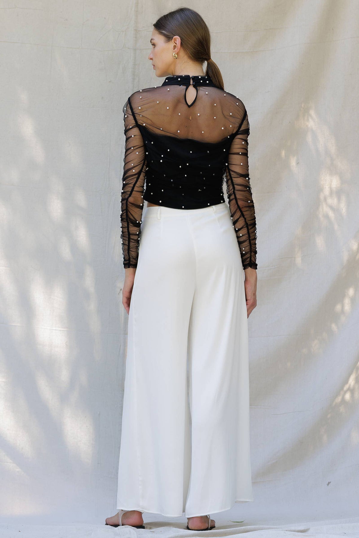 Endless Blu Sheer Pearl Embellished Mesh Top