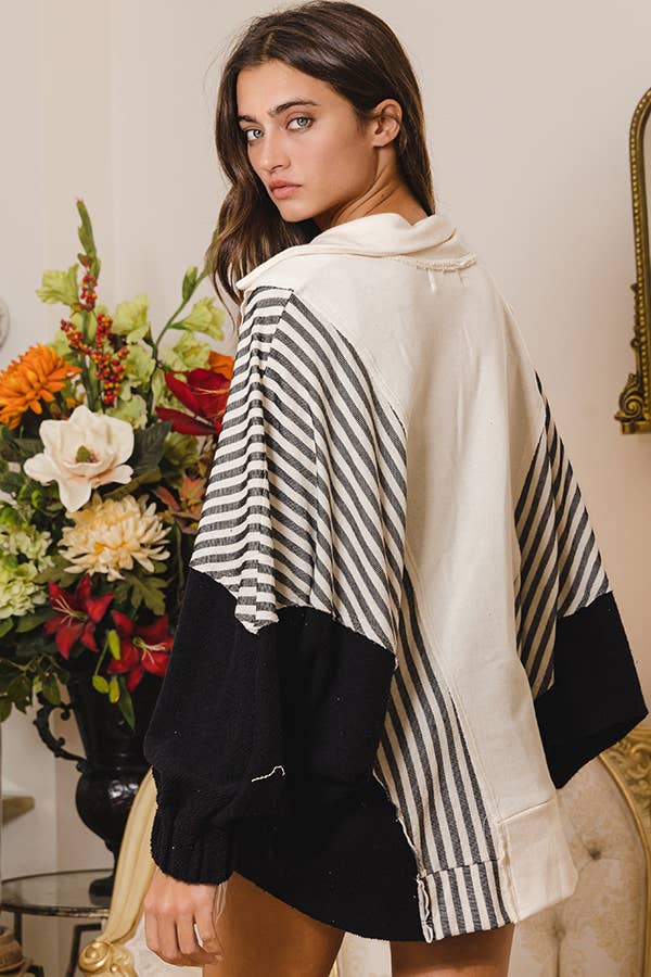 Bucketlist Oversized Collared V-Neck Contrast Top