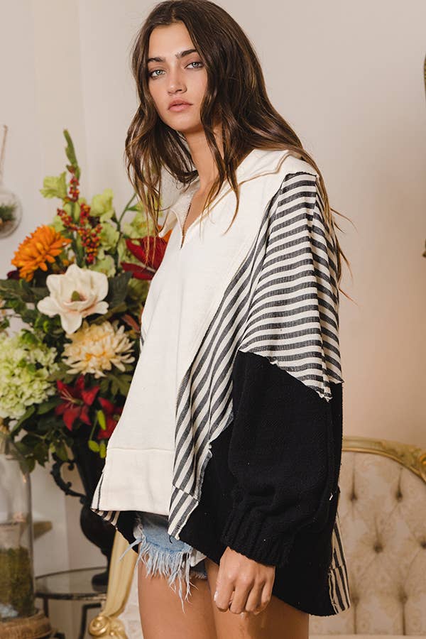Bucketlist Oversized Collared V-Neck Contrast Top