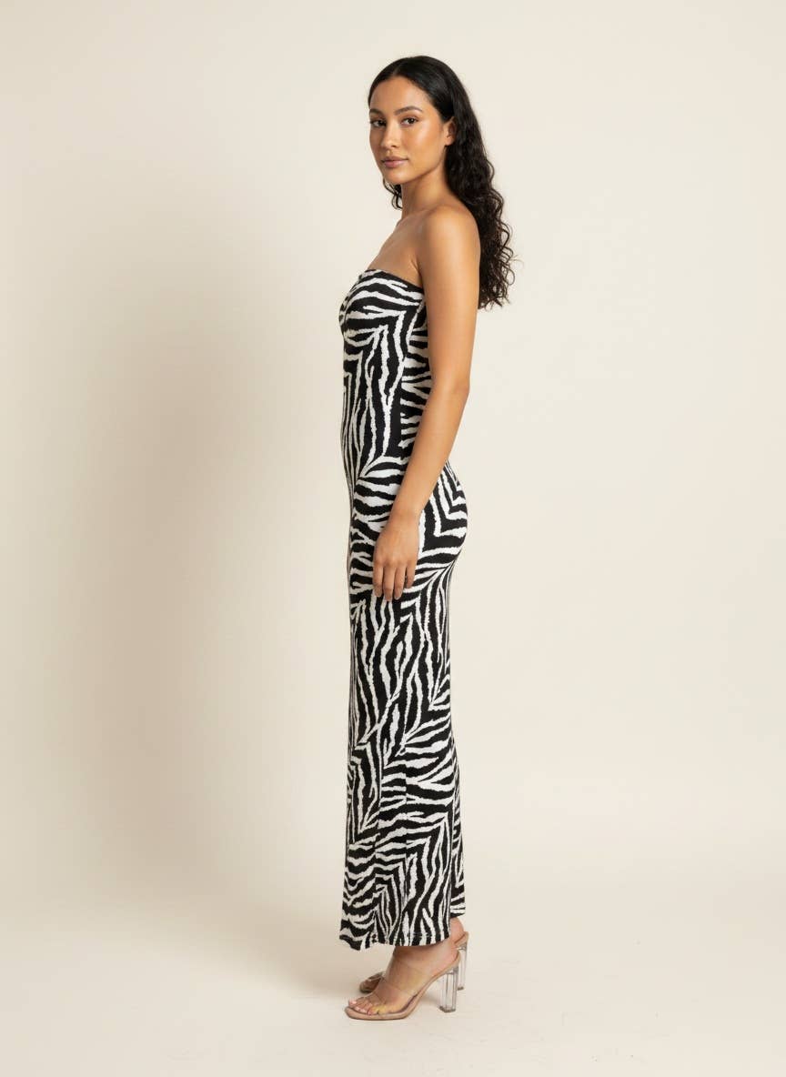 Fore Collection Strapless Zebra print Maxi Dess