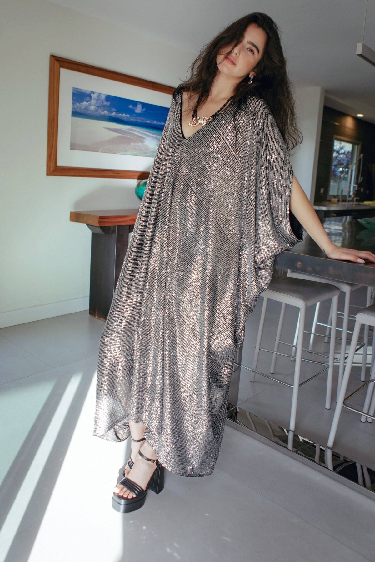 Jennafer Grace Gunmetal Sequin Kaftan Dress