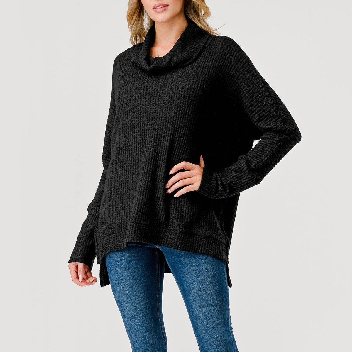 Heimious Waffle Knit Cowl Neck Sweater | Black