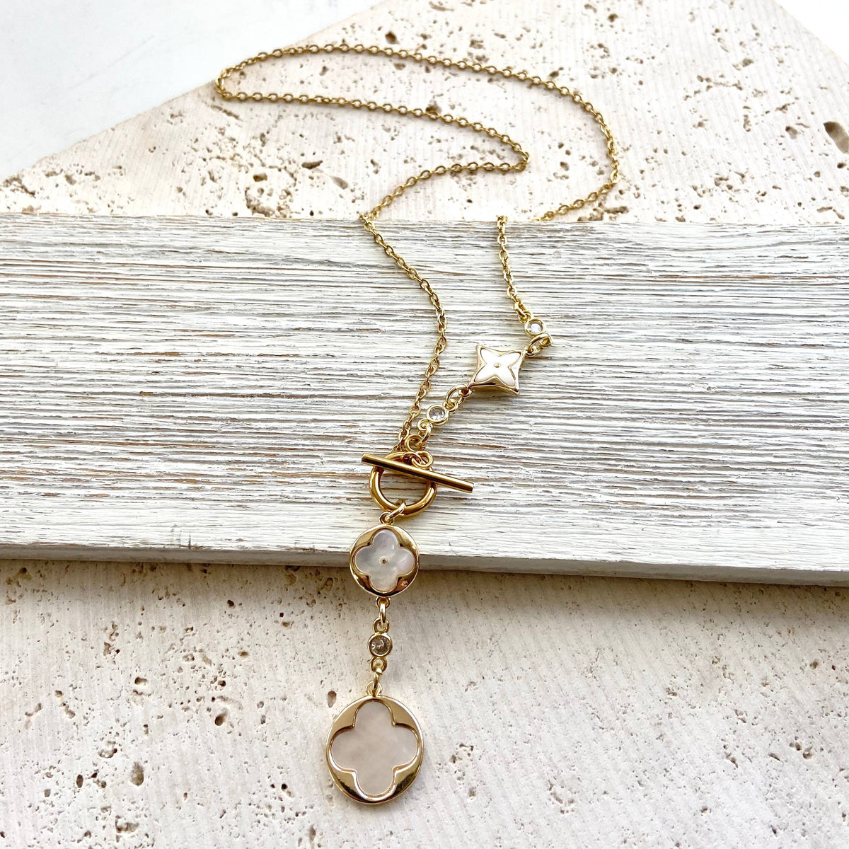 Clover quatrefoil shell pearl necklace non tarnish jewelry