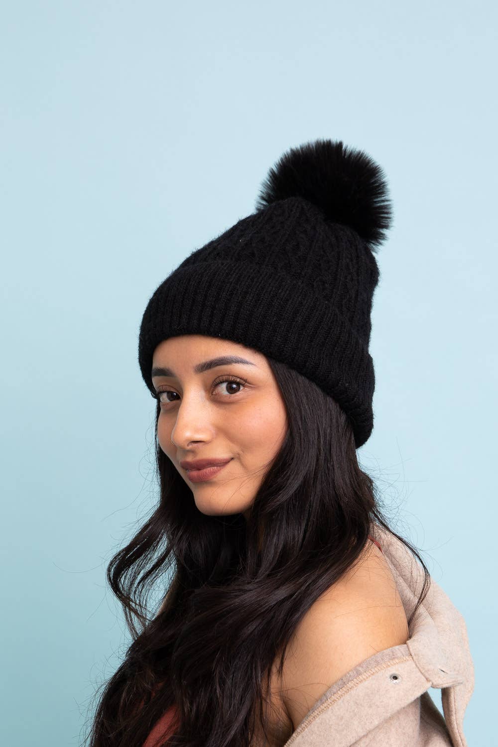 Leto Cable Knit Pom Beanie