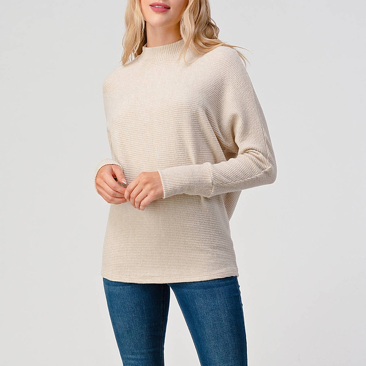 Heimious Mock Neck Long Sleeve Ribbed Top