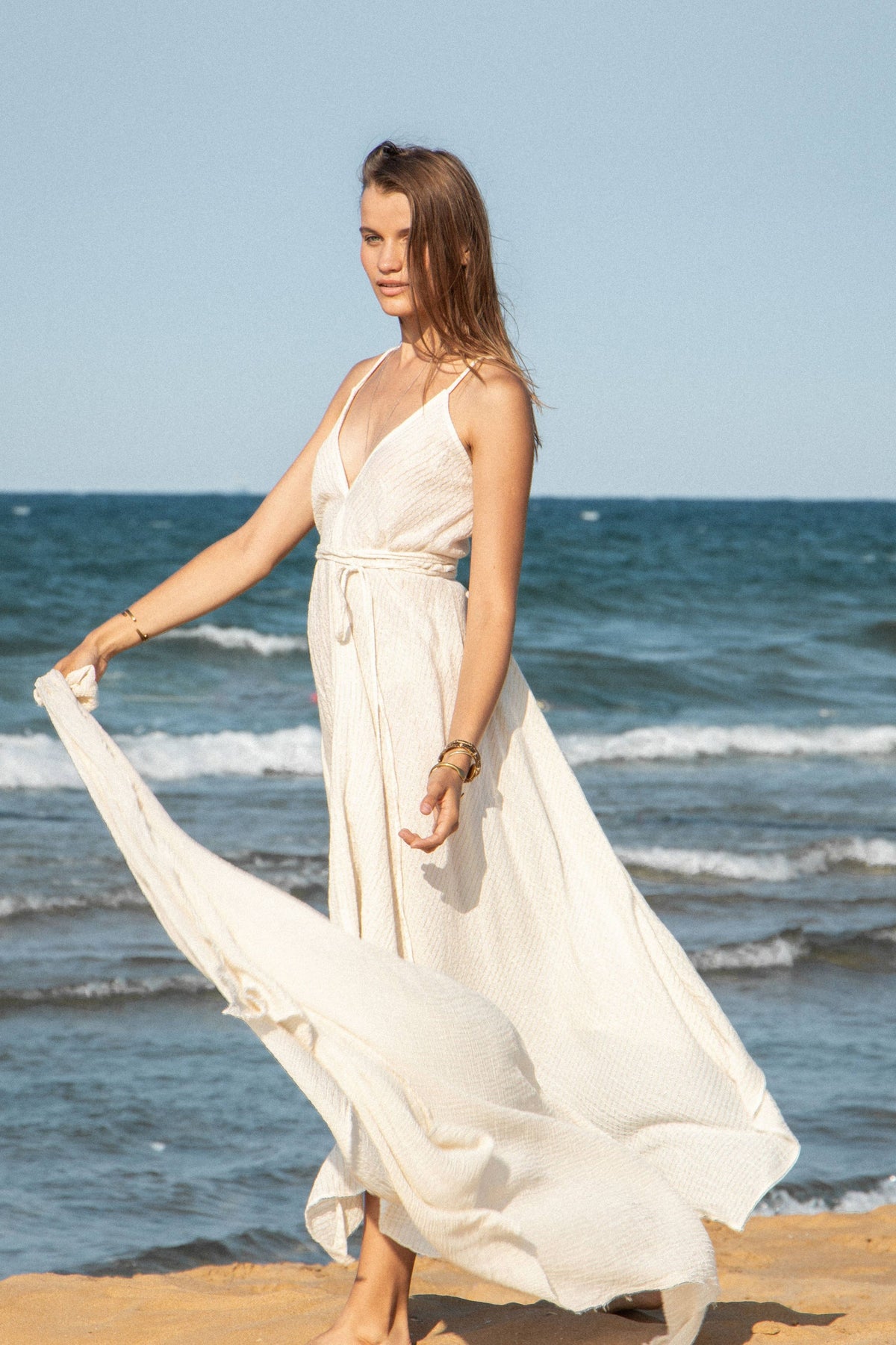 The Handloom Sage Maxi Dress - Natural With Gold Stripes