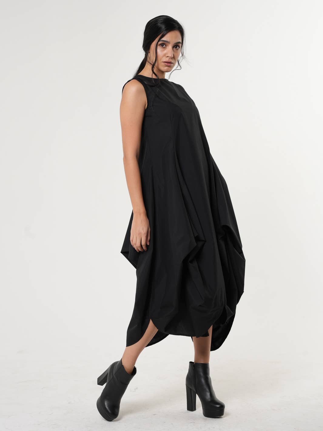 Metamorphoza Sleeveless Black Dress With Drapings