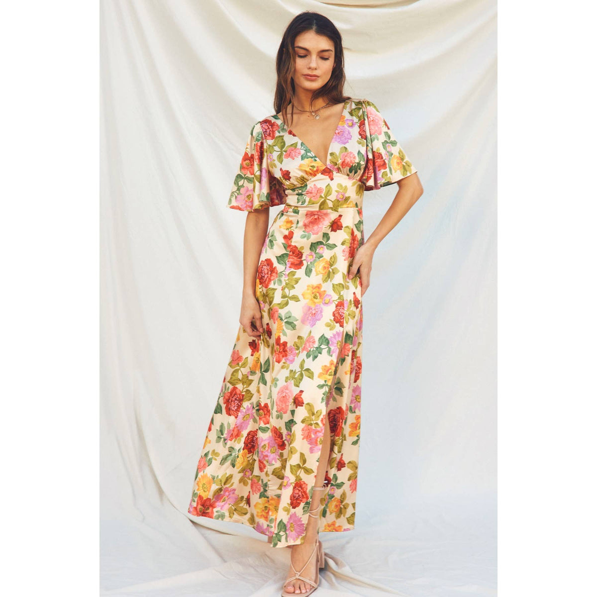 Dress Forum Gift of Love Flutter Sleeve Plunging Maxi Dress