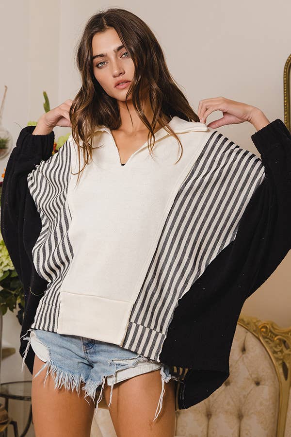 Bucketlist Oversized Collared V-Neck Contrast Top