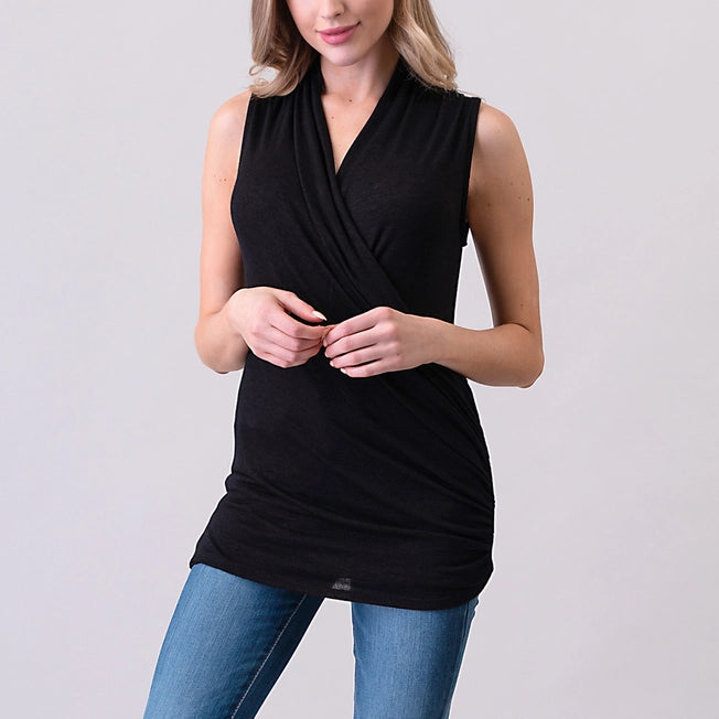 Heimious Sleeveless Surplice Ruched Knit Top