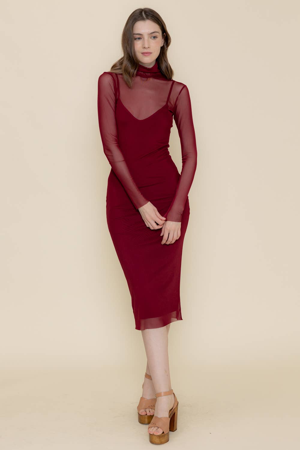 Fore Collection Burgundy Mesh Midi Dress