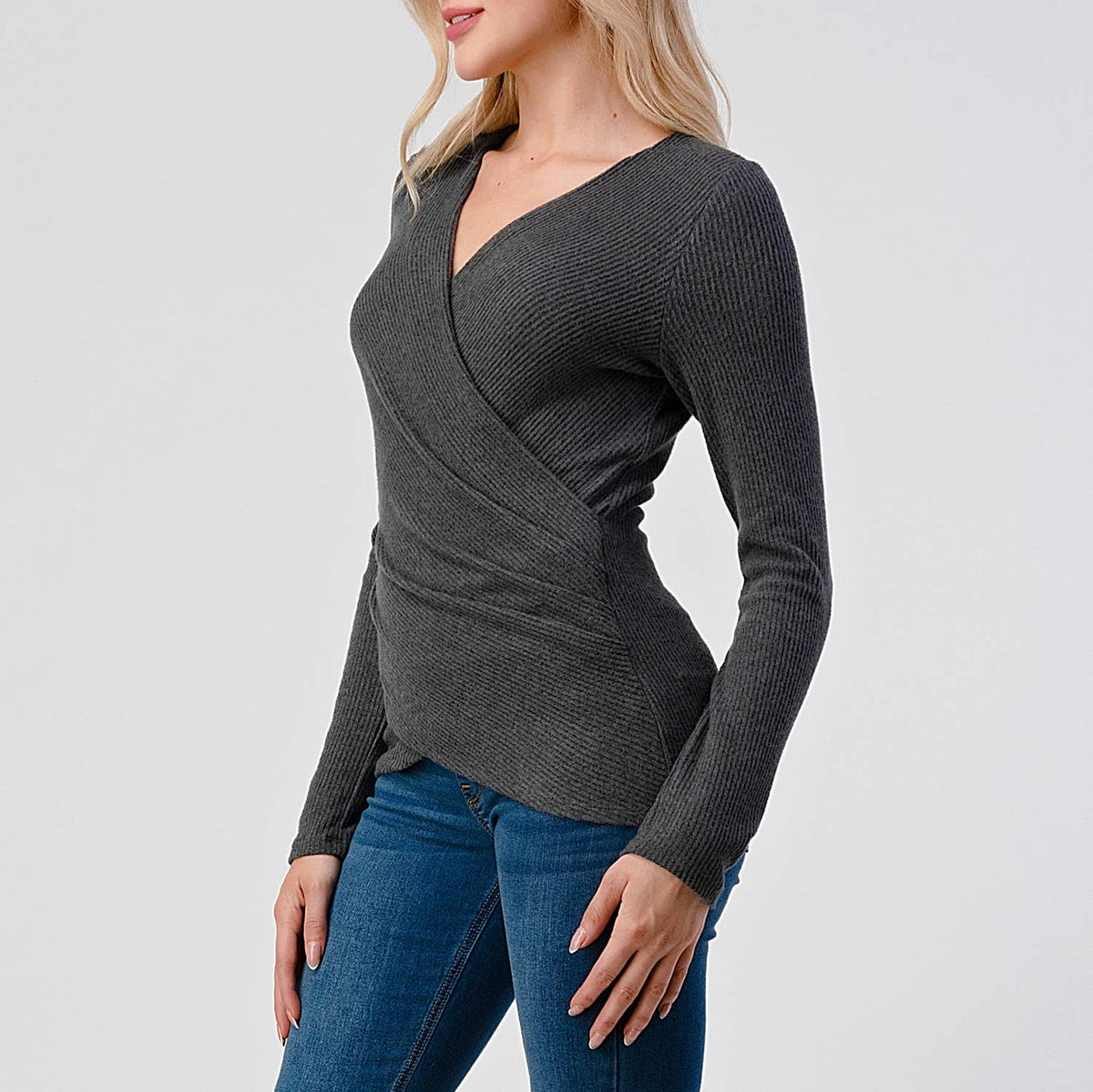 Heimious Surplice Brushed Knit Top | Charcoal