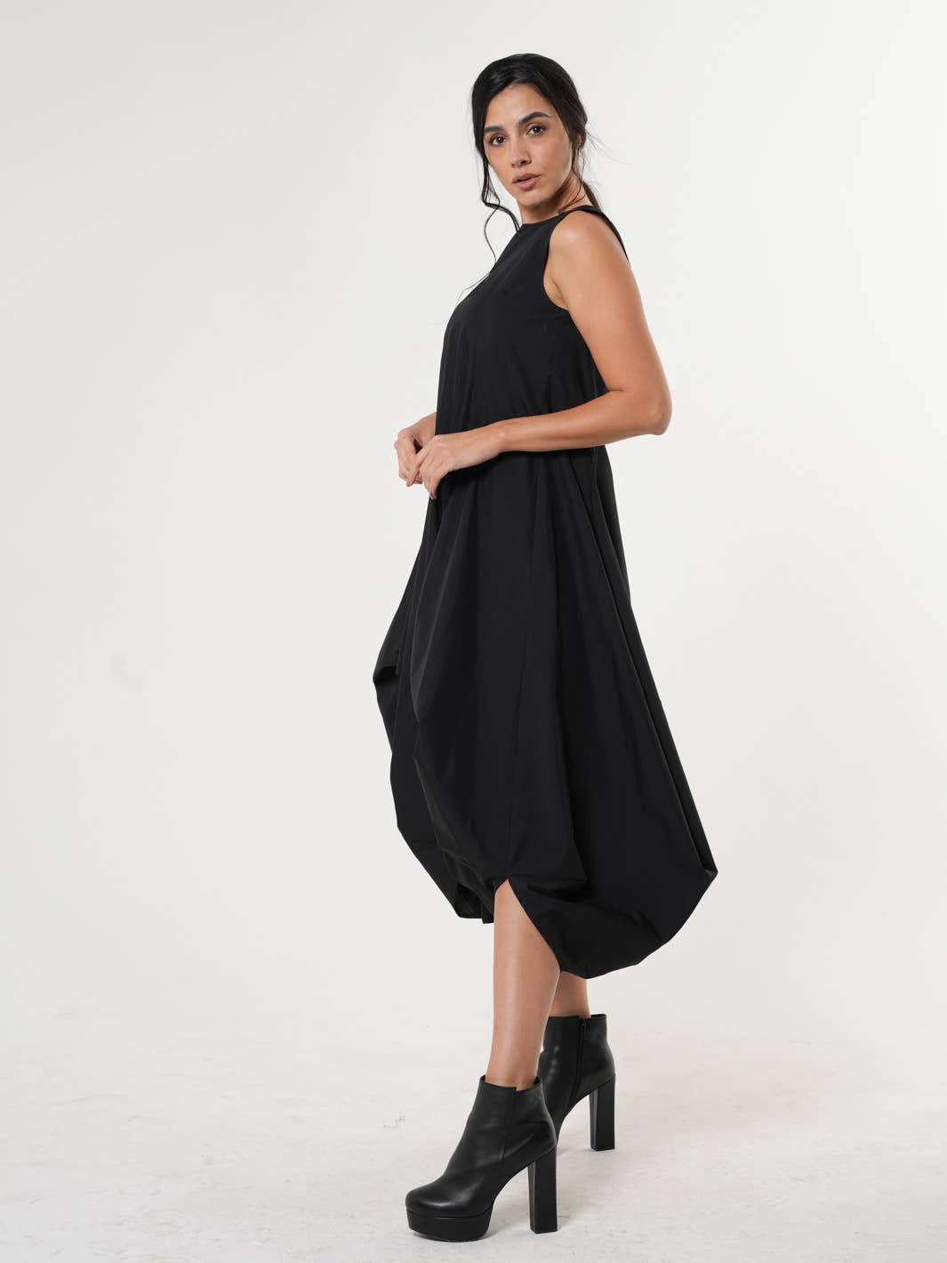Metamorphoza Sleeveless Black Dress With Drapings