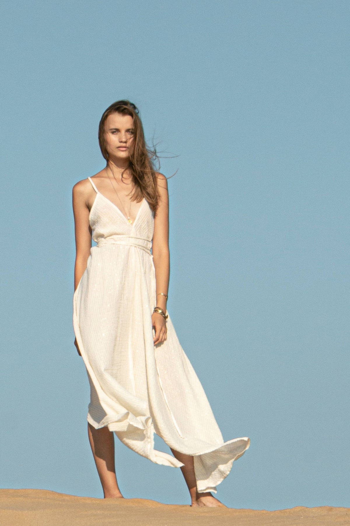 The Handloom Sage Maxi Dress - Natural With Gold Stripes