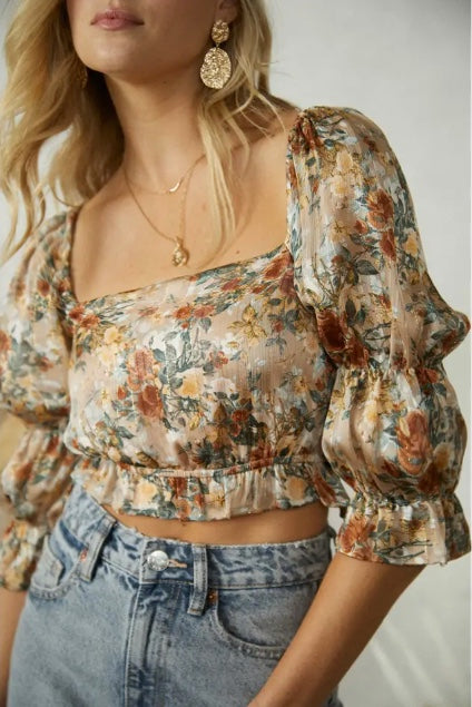 Endless Blu Square Neck Floral Chiffon Top