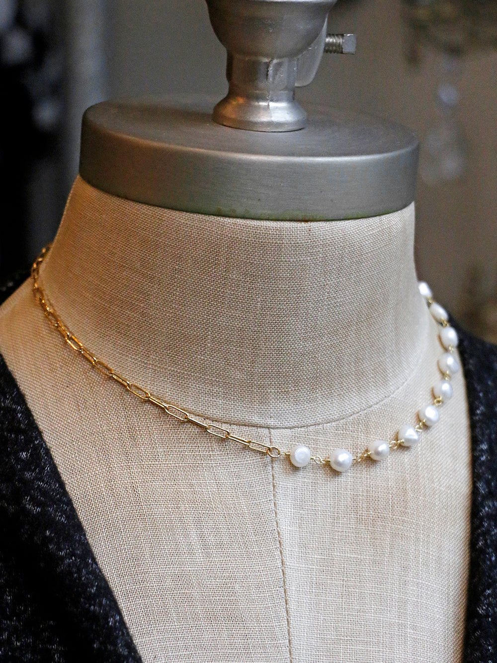 Susan Rifkin Pearl + Gold Paperclip Chain Necklace
