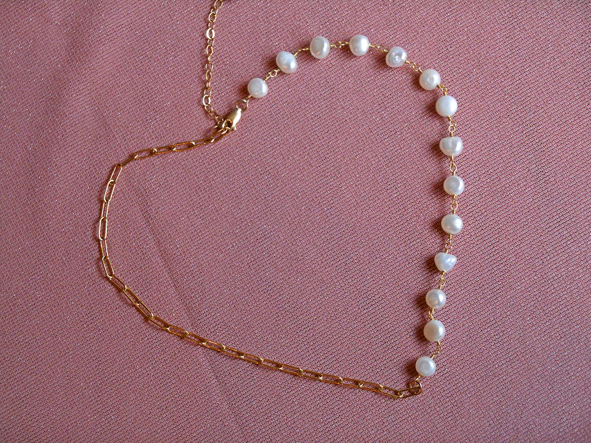 Susan Rifkin Pearl + Gold Paperclip Chain Necklace