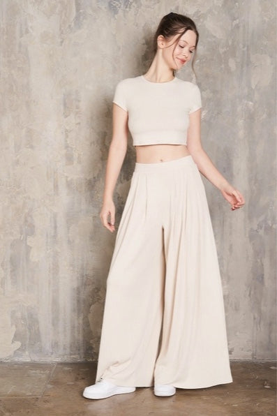 Maronie Cropped Shirt and Pleated Pants Set | Cream