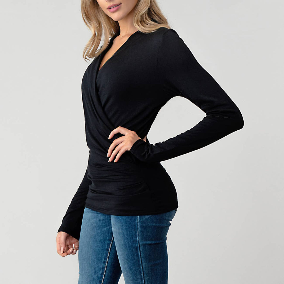 Heimious Ruched Surplice Top - Black